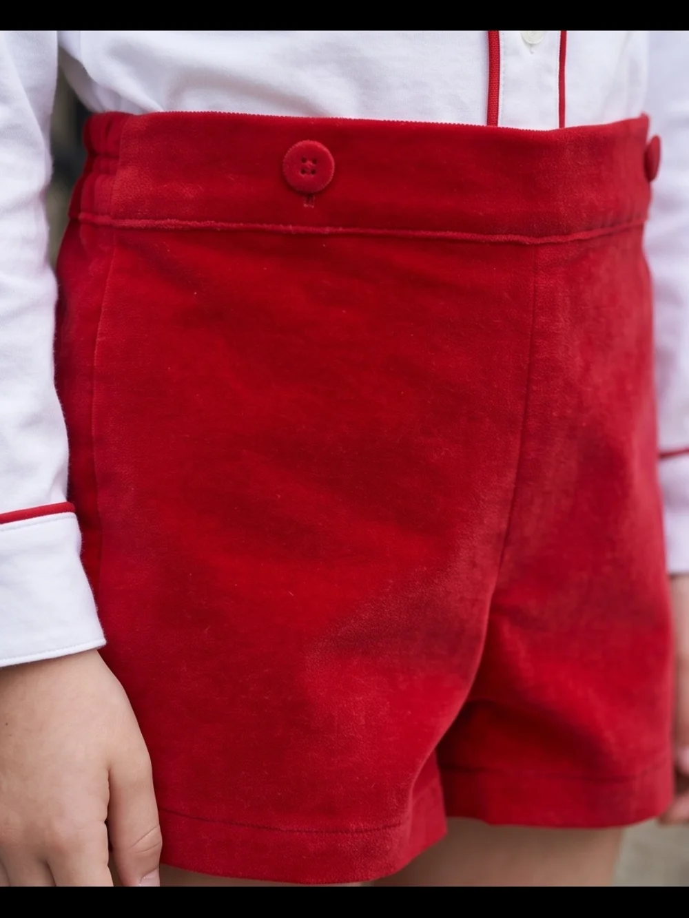 White Peter Pan Collar Top and Red Velvet Shorts Set